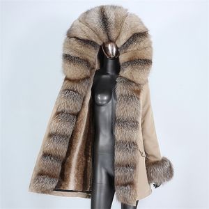 Frauen Pelz Faux Wasserdichte Lange Parka Winter Jacke Frauen Echt Mantel Natürliche Kragen Kapuze Warme Streetwear Abnehmbare 220928