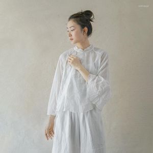 Bluzki damskie vintage luźne hanfu białe retro letnie koszule żeńskie han fu bat rękaw chiński styl tradycyjny bluzka koszula Ramie