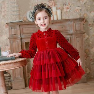 Sukienki dla dziewczyn nowoczesne długie rękawy aksamitne dziewczyny czerwony występ świąteczny strój świąteczny przyjęcie weselne dzieci za 4 7 9 12 14 rok 220927