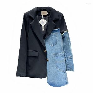 Kadın Takım Elbise Kadın Asimetrik Siyah Renk Patchwork Denim Blazer Sigle Göğüslü Moda Kot Ceket