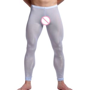 Calças de dormir sexy masculinas de seda gelo ultrafinos transparentes térmicas legais leggings homens longos johns lounge calças apertadas roupa interior 740