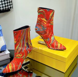 2022 New Short Boots High Heels Ankle Boots Designer Shoes Sculpted F High-Heeled Metallic Zipper Square Toe Womens Silk Oil Painting Color Printing Boot