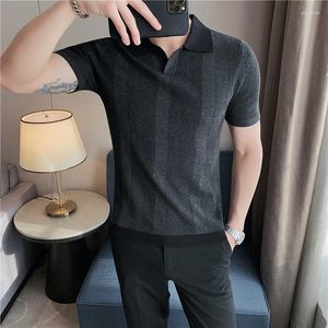 Polos masculinos Men 2022 Summer Ice Silk Silk Polo Shirt Stripe Patchwork Tops casuais Male Short Sleeve Slim Lapela Pullover