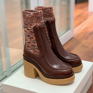 Jamie Socks Boots Designer Kowskin Paar mit weicher elastischer Strick -Wollzylinder Damenschuhe 10 cm klobig Absatz dicke Boden -Knöchel -Stiefel Rüschen Chelsea Stiefel