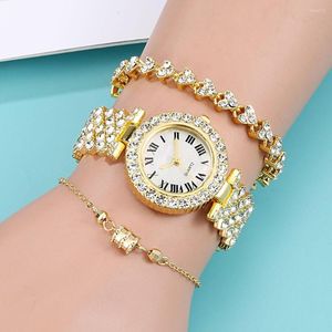 腕時計女性の贅沢な時計ゴールドローマ数字ラインストーンダイヤモンドスタッドウーマンギフトアイデアレディース女性用セット