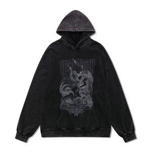 Men Hip Hop Hoodies Streetwear Vintage Skeleton Skull Devil Print Distressed Washed Hooded Sweatshirts 2022 Harajuku Retro