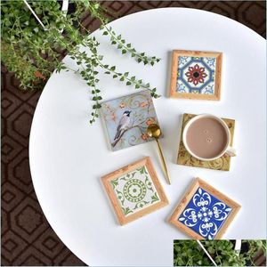 Mats Pads Nordic Ceramic Retro Cup Mug Drink Coasters Cork Wood Heat Resistant Mat Pad Table Decoration Accessories Drop Delivery 20 Dhycv