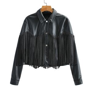 Kvinnors läder faux ftlzz Autumn Winter Tassel Rivet korta jackor Kvinnor Lossa moto cykel mjuk pu -kappa singelbröstning utkläder 220928