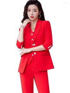 Women's Two Piece Pants Fashion Women Vest Blazer And Pant Suit Red Blue Pink White Navy Office Ladies Formal Business Work Career Wear 3