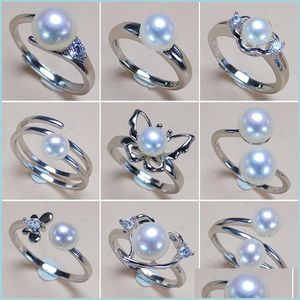 Pierścień Solitaire Real Natural Freshwater Pearl Pierścienie S925 Pierścień sier dla kobiet Regulowany 5-7 mm oblatowy biżuteria Wedding Gifts Dro Dh2ai