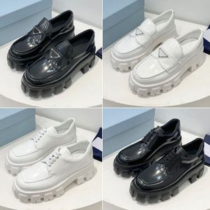 Pradas Formele schoenen Women's Casual Shoes Designer Classic Models Triangle Label Gear Verhoog Lace Up Round Toe Non-slip Leather Black Wit Louboutins Maat 35-40