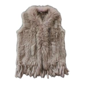 Women's Fur Faux Real ladies Genuine Knitted Rabbit Vest With Raccoon Trimming Waistcoat Winter Jacket harppihop fur 220928