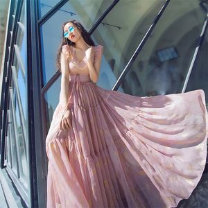 夏の女性のファッションドレスロマンチックな裾ピンクのゴールド印刷シフォンエレガントな女性Xロングソーシャルマキシドレス