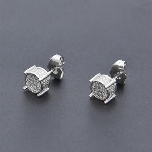Hip Hop Iced Out Silver Lab Diamond Screw Back Stud d Round Side CZ Simuled Jewelry234Q