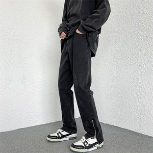 メンズジーンズ秋のトレンディレトロ韓国スタイルのストリートウェアファッショナブルなジッパースリットデニムバギーパンツ男性ブラック220927