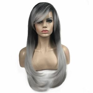 Syntetyczne długie proste peruki Silver Ombre Bob Kobiety włosy WIG WYSOKIE