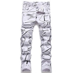 Slim Fit Men's Skinny White Jeans Fashion Casual Elastic Cotton Denim Pants Summer Street Geometry Print Trousers Pantalones