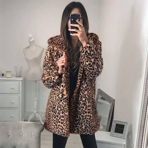 Women's Fur Faux Leopard Elegant Coat Women Spring Autumn Warm Soft Jacket Female Printed Overcoat Casual Hooded Lady Outerwear 5XL 220928