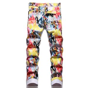 Slim Fit Stretch Men's Graffiti Printing Jeans Summer Street Flower Pants Fashion Casual Cotton Denim Trousers Pantalones