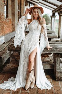 Шикарное кружевное кружевное платье-богемное свадебное платье с съемными поэтами с длинными рукавами тонкие ремни глубоко расщепленные пляжные невеста Hippe Country A-Line vestido de novia