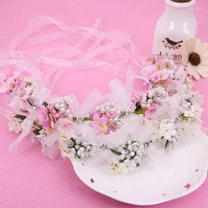 Headpieces Women Flower Simulated Pearls Headband With Ribbon Wreath Wedding Party Ladies Girls Garlands Floral Crown Hairband LXH