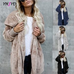 Cappotto da donna in pelliccia sintetica Donna Autunno Inverno Caldo morbido Giacca lunga Capispalla Cappotto in peluche Tasca Cardigan senza bottoni con cappuccio 220927