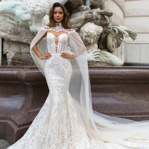 Plus Size Abito da sposa a sirena Arabo Aso Ebi Sheer Neck sweep train Maniche lunghe Abiti da sposa sexy