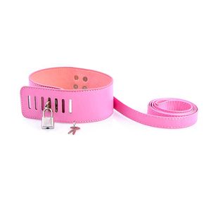 Articoli di bellezza Lucchetto in pelle rosa Bdsm Fetish Bondage Collo sexy Collare e guinzaglio Doggy Gioco per adulti Collari Giocattoli Schiava Donne Cosplay erotico