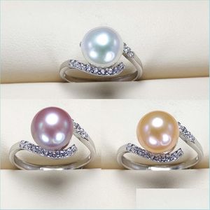 Solitaire Ring S925 Sterling Sier Ring Freshwater Pearl For Women 8-9 Mm Natural With Zircon Fashion Jewelry Adjustable Size Wedding Dhziq
