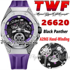 TWF TW26620 A2965 Ręka kręta męskie zegarek 42 mm Tourbillon Titanium Stal Case 3D Black Panther Dial Purple Guma Pasek 2022 Ograniczone Super Edition Eternity Watches