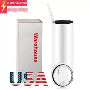 US Warehouse Sublimation Blanks Mugs 20oz Stainless Steel Straight Tumblers Blank white Tumbler with Lids and Straw Heat Transfer Cups Water Bottles 50pcs/Carton