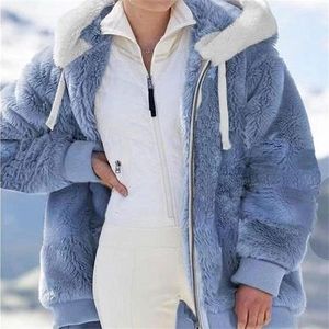 Женская меховая искусственная зима теплое пальто на молнии плюшевой кардиган с капюшоном с капюшоном плюс размер штуковины с крылом 220928