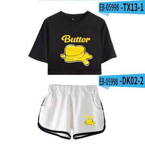 Men's T Shirts Classic Butter Print T-shirts Shorts Pants Dew Navel Sport Girl Short Sleeve Suits Beautiful Girls Sexy Two Pieces Sets