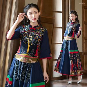 Etnik Giyim Çin tarzı kadınlar Top Kısa Etek İki Parçalı Set Çin Geleneksel Pamuk Keten Vintage 2022 Tang Takım