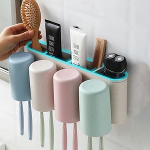 Toothbrush Holders ECOCO Wall-mount Wheat Straw 2/3/4 Cup Holder Family Couples Toothpaste Storage Bathroom Accessories 220929