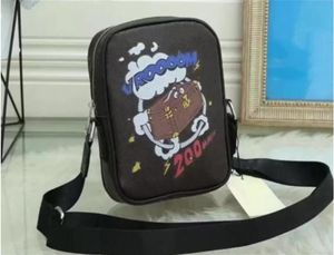 Klasik Mini Messenger Çantalar Crossbody Omuz Çantası Siyah/Kahverengi Tuval Deri Erkek Çanta Tote Tasarımcı Karikatür Desen Cep Telefon Çantası Cüzdan Çantası15.5x5x21c