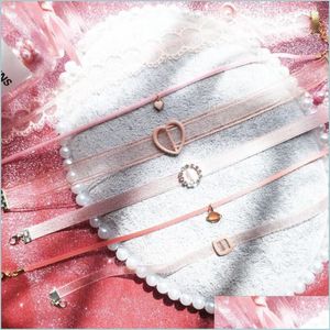 Chokers Sweet Geometri Lace Choker Harajuku Planet Collar Pink Lovely Veet Chocker Heart Shape Pendant Necklace Women Clavicle Chain Dhkba
