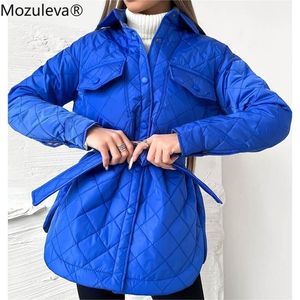 Womens Down Parkas Mozuleva plaid Quilted Jacket Women Loose Thin Puffer Parkas Coat Vintage Belted Outwear Autumn Winter Ladies Oversize Coat 220929