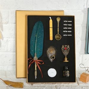 Füllfederhalter Luxus-Set Vintage Sprinkling Gold Feather Tintenflasche Kalligraphie Schreiben Dip Geburtstag Geschenkbox 5 Nib Quill 220928