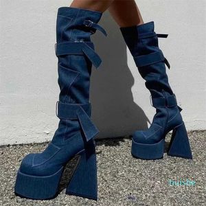 Boots Womens Denim Jeans Buckle Platform Over The Knee Lår Super High Heels Luxury Long Ladies 2022 Shoes 220901