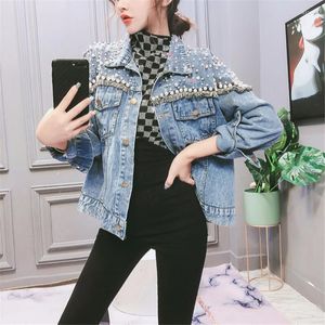 Kvinnans jackor 2022 Autumn Women Denim Jacket Pearl Beading Tassel Short Coat Woman Long Sleeve Jeans Overdimensionerade ytterkl￤der P698