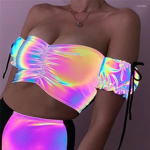 Koszulki damskie Hologograficzne odblaskową koszulkę dla kobiet seksowne bez ramiączki Latarn Rleeve Tops Club Rave Party Streetwear Y2K Tank TEE