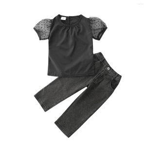 Clothing Sets Toddler Baby Girl Summer Outfits Cute Puff Sleeve T-Shirt Top And Jeans Long Pants Set 1-6T