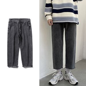Erkekler Kot erkek sokak kıyafetleri dumanlı gri bol kot pantolon sonbahar moda düz denim kırpılmış pantolon geniş bacak pantolon erkek 220929