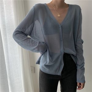 Malhas femininas Tees Cardigan Mulheres coreanas de manga comprida verão corte malha em vemas de seda de gelo fino de gelo