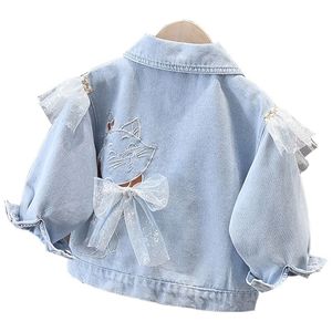 Jackor Spring Girls Coat Denim Jacket Lace Bow Tie Kids For Girls Coats Toddler Ytterkläder Birthday Present Kids Cowboy 220928