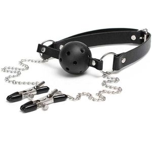 Beauty Items Mouth Ball Gag With Clips Nipple Teaser Clamps Leather Strap Breathable SM Bondage sexy Toy