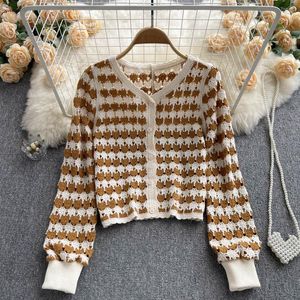 Women's Knits Crochet Floral Almighty Cardigans Women Vintage Long Sleeve Single Breasted V Neck Sweater French Chic Colorblock Woman