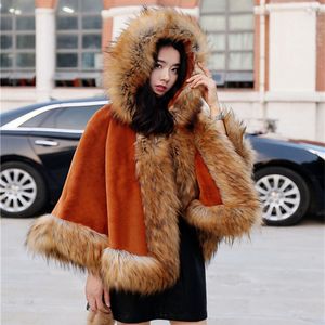 Women Plus Size winter Coats Imitation fox fur collar plush hooded shawl Casual fashion leisure street shot Outerwear multicolor short Hooded cloak jackets coat