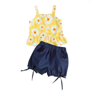 Completi di abbigliamento Set di vestiti con stampa floreale per bambini Ragazze senza maniche Orlo con volant O-Collo Sling Top Pantaloncini Jeans con tasche 1-5T